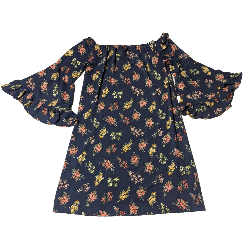 NICOLE MILLER STUDIO Women 8 Navy Floral Stretch 3/4 Sleeves‎ Shift Dress